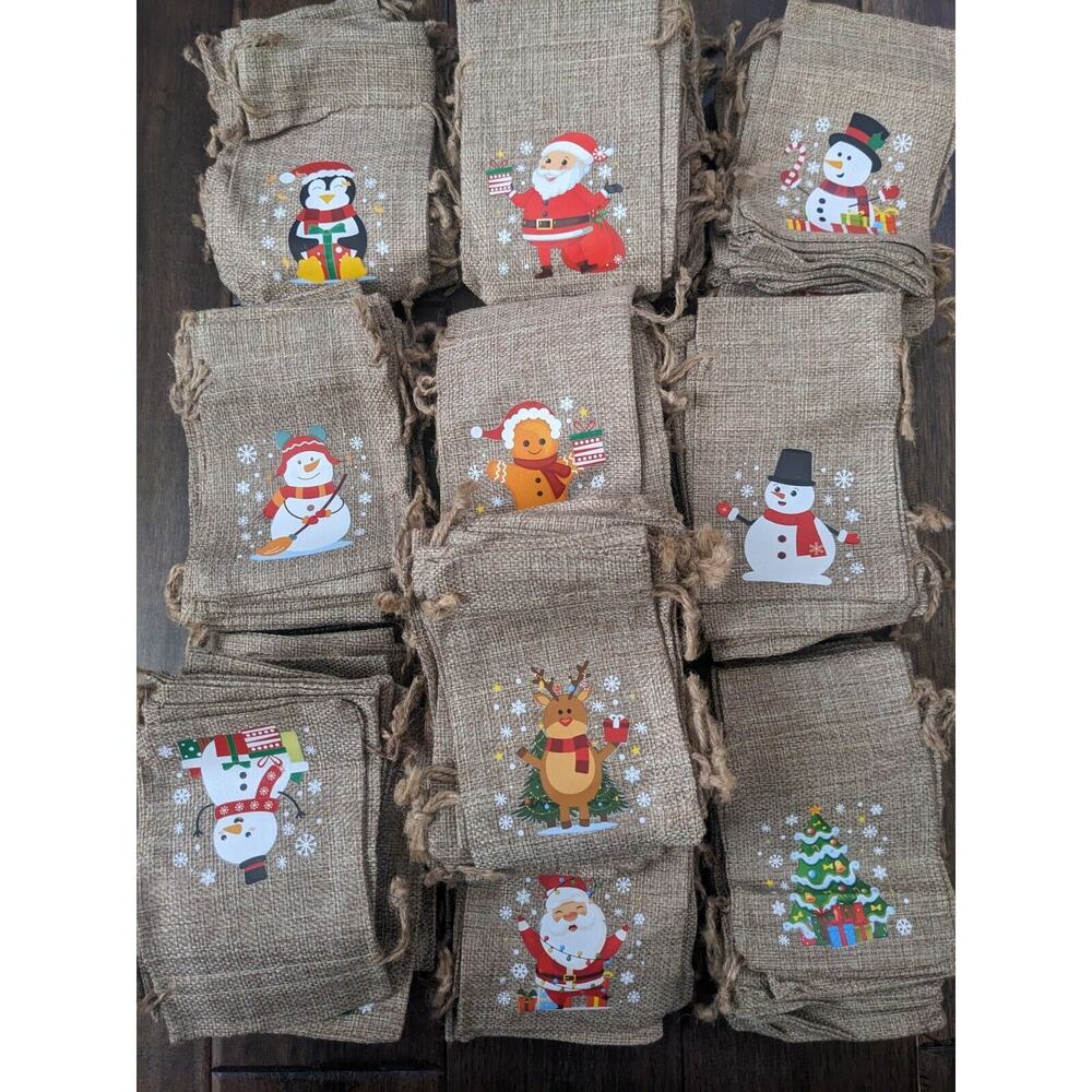 200 Christmas jute gift bag Burlap drawstring favours bag Pouch Santa Gingerbead
